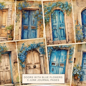 Portas de madeira com flores azuis, kit de diário de lixo, páginas de diário, papel para impressão de diário de lixo de portas, folha de colagem digital, download instantâneo