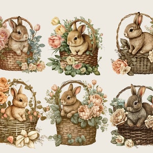 Rabbit in Basket Clipart Watercolor Bunny Clipart, Vintage Bunny in ...