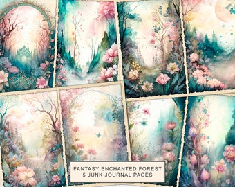 Fantasy Forest Junk Journal Kit Pagine del diario della foresta incantata, carta stampabile del diario spazzatura, foglio di collage digitale, download istantaneo