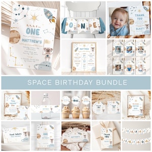 First Trip Around the Sun Birthday Invitation Bundle, Space Birthday Invitation Astronaut Boy 1st Birthday, First Birthday Decorations I001