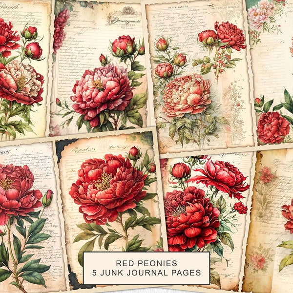 Red Peonies Junk Journal Pages, Vintage Peony Junk Journal Kit, Junk Journal Printable Paper, Digital Collage Sheet, Instant Download