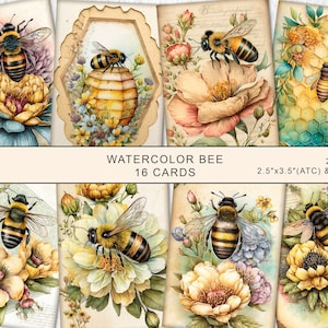 Bee Junk Journal Vintage ephemera-kaarten, vintage Bee ATC-kaarten, Junk Journal Kit, afdrukbaar shabby chic collageblad, instant download