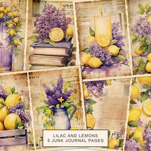 Páginas de diario basura con acuarela de color lila y limones, kit de diario basura con limones vintage, papel de diario basura, hoja de collage digital, descarga instantánea