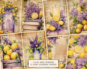 Páginas de diário em aquarela com lilases e limões (download digital)