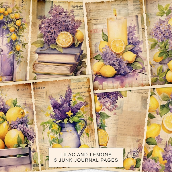 Watercolor Lilac and Lemons Junk Journal Pages, Vintage Lemons Junk Journal Kit, Junk Journal Paper, Digital Collage Sheet, Instant Download