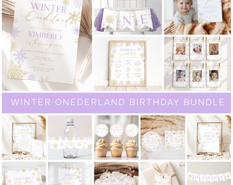 May include: Winter Onederland birthday party printable bundle with a purple and gold color scheme. The bundle includes a variety of items such as invitations, food labels, water bottle labels, cupcake toppers, a banner, and a sign. The text on the invitation reads "Winter Onederland, Kimberly is turning one".