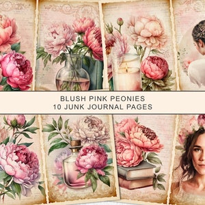 Puede incluir: Diez páginas imprimibles digitales con peonías rosas, velas, frascos de perfume, libros y mujeres con coronas de flores. Estas páginas son perfectas para el diario de chatarra.