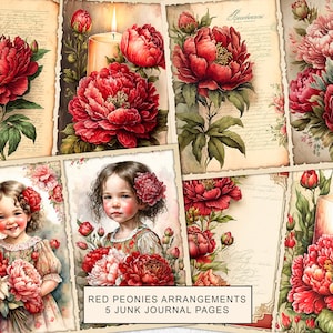 Red Peonies Junk Journal Printable: Victorian Collage Pages (Digital Download)
