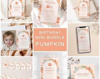 May include: A printable birthday party mini bundle with a pumpkin theme. The bundle includes a welcome sign, food labels, a banner, a thank you card, and an invitation. The design features watercolor pumpkins, leaves, and flowers in shades of orange, green, and brown.