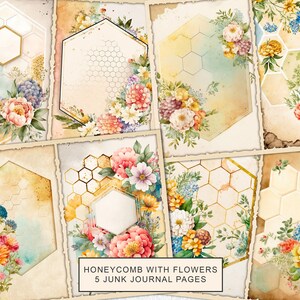 May include: Five digital printable journal pages featuring a honeycomb pattern with watercolour flowers in shades of pink, yellow, and blue. The text "Honeycomb with Flowers 5 Junk Journal Pages" is at the bottom of the image.