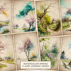 Watercolor Spring Junk Journal Kit, Spring Nature Scene Journal Pages, Junk Journal Printable Paper, Digital Collage Sheet, Instant Download