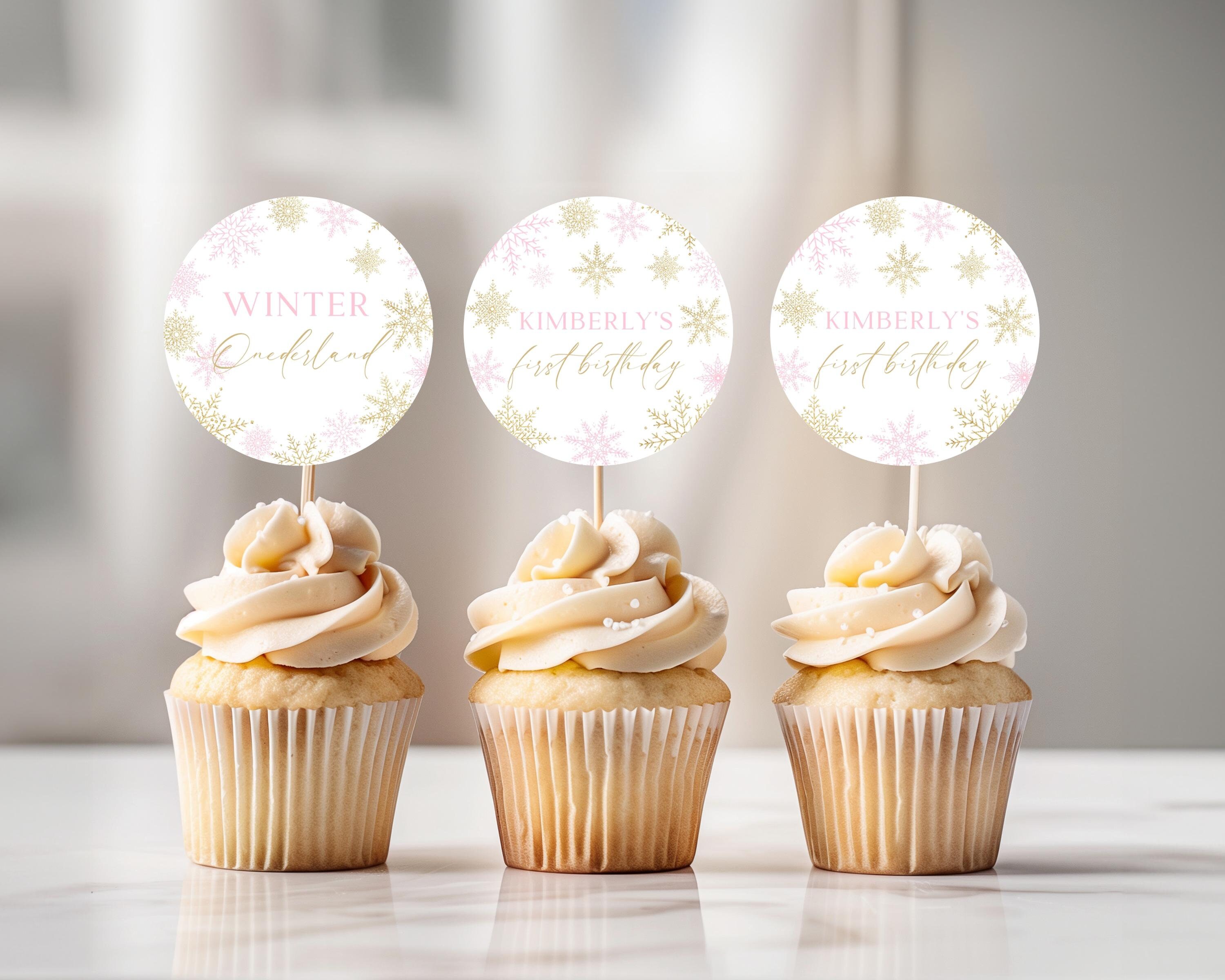 Winter Wonderland Cupcake Toppers Template, Winter Onederland Girl Decorations, Cake Toppers, Pink Gold Snowflakes 1st Birthday I024