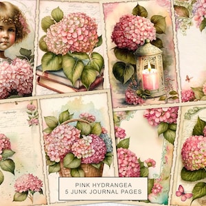 May include: Five printable junk journal pages featuring pink hydrangeas, vintage-style illustrations, and text. The pages are perfect for adding to your journals, scrapbooks, or other paper crafts.