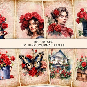 Red Roses Junk Journal Kit, Vintage Red Roses Junk Journal Pages, Dictionary page Junk Journal Printable Paper, Digital Collage Sheet