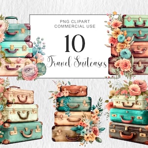 Maletas de viaje retro de acuarela con flores clipart PNG Maleta de viaje vintage de acuarela Clipart, Clipart de flores, Descarga instantánea