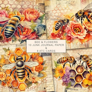 Bee and Flowers Junk Journal Paper, Bee Junk Journal Kit, Bee Junk Journal Digi Kit, Printable Digital Collage Sheet, Instant Download