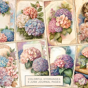 Kit imprimible de diario basura con hortensias coloridas, kit de diario basura con hortensias vintage, páginas de diario basura, hoja de collage digital, descarga instantánea