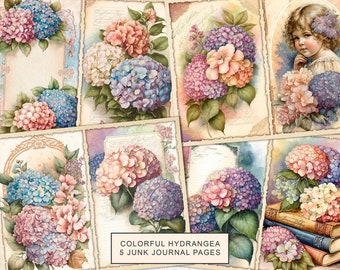 Op de afbeelding: Vijf vintage-stijl scrapbookpagina's met aquarel illustraties van hortensia's in tinten roze, blauw en paars. De pagina's hebben een verweerde, verouderde uitstraling en zijn perfect om toe te voegen aan een junk journal of andere knutselprojecten.