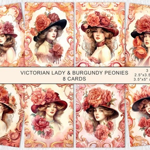 Donna vittoriana e peonie bordeaux Junk Journal Vintage Ephemera Cards, Vintage Victorian ATC Cards, Kit Junk Journal, Foglio collage