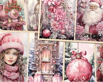 Pink Christmas Junk Journal Kit, Christmas Junk Journal Printable Page, Christmas Junk Journal Paper, Digital Collage Sheet Instant Download