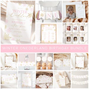Winter Onederland Birthday Girl Decorations Bundle, Pink Gold Winter Wonderland 1st Birthday Invitation, Girl 1st Birthday Party Bundle I024