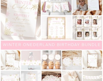 May include: A printable Winter Onederland birthday party bundle featuring pink and gold snowflake designs. The bundle includes invitations, food labels, cupcake toppers, a banner, and a sign. The text on the invitation reads "Join us for a Winter Onederland, our little snowflake Kimberly is turning one".