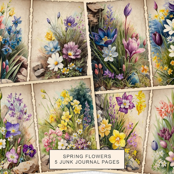 Watercolor Spring Flowers Junk Journal Printable Page, Flowers Junk Journal Kit, Junk Journal Paper Digital Collage Sheet, Instant Download