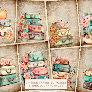 Valises de voyage vintage, pages de carnet de bord, kit de carnet de voyage aquarelle valise de voyage, pages de dictionnaire, papiers de carnet