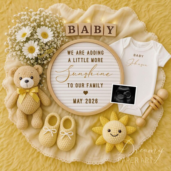 Summer Pregnancy Announcement: Sunshine Baby Reveal, Editable Canva Template (Digital Download)