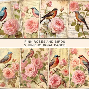 Rosa Rosen und Vögel Junk Journal Seiten, Vintage Vögel Junk Journal Kit, Junk Journal druckbare Papier digitale Collage Blatt sofort Download