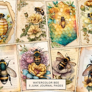 Watercolor Bee Junk Journal Pages, Vintage Bee Junk Journal Kit, Junk Journal Paper, Digital Collage Sheet, Instant Download