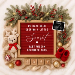 Christmas Pregnancy Announcement: Editable Social Media Baby Reveal (Canva Template)