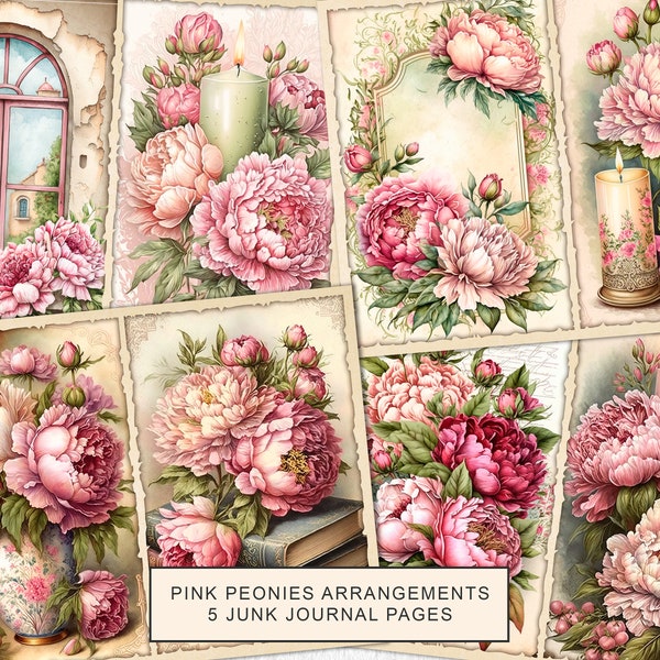 Pink Peonies Junk Journal Printable, Vintage Peony Junk Journal Kit, Junk Journal Pages, Digital Collage Sheet, Instant Download