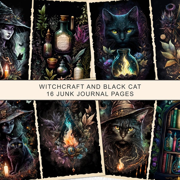 Witchcraft Junk Journal Kit Magical Black Cat Journal Pages, Witch Junk Journal Printable Paper, Digital Collage Sheet, Instant Download