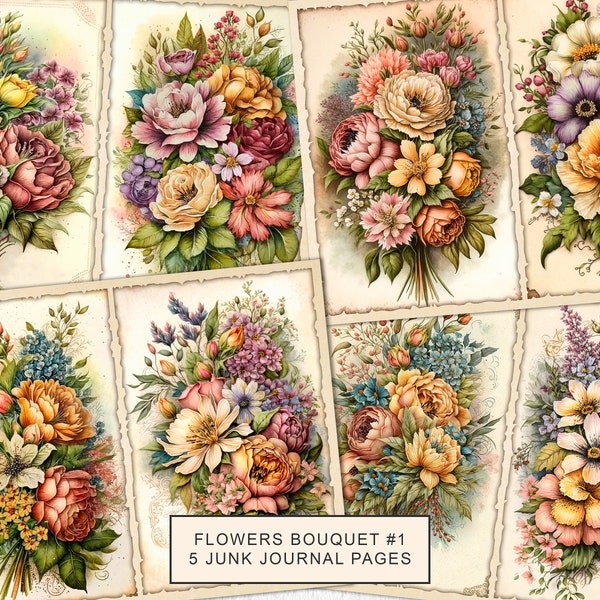 Flowers Bouquets Junk Journal Printable Page, Wildflowers Bouquet Junk Journal Kit Junk Journal Paper Digital Collage Sheet Instant Download