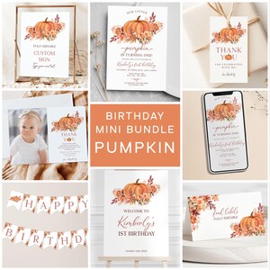 パンプキンファーストバースデーバンドル：編集可能な招待状、サイン（デジタルファイル）