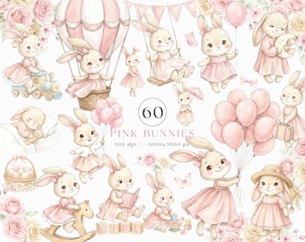 Può includere: Illustrazione ad acquerello con 60 coniglietti rosa in varie pose, tra cui altalena, palloncini e mongolfiera. I coniglietti indossano abiti rosa e sono circondati da fiori. Il testo "PINK BUNNIES" è presente.