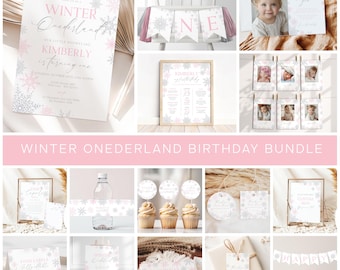 May include: A Winter Wonderland birthday party printable bundle in pink and silver. The bundle includes a range of items, such as invitations, food labels, cupcake toppers, and a banner. The invitation text reads "Winter Wonderland Our Little Snowflake Kimberly is turning one".