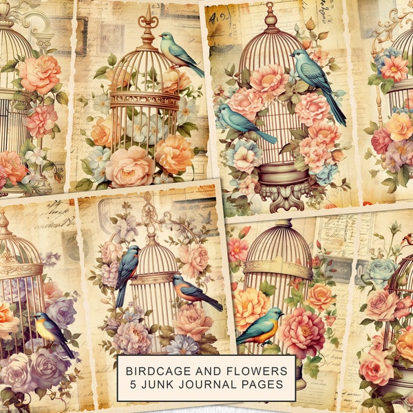 Birdcage Junk Journal Kit, Vintage Birdcage Junk Journal Pages, Birdcage Junk Journal Paper, Digital Collage Sheet, Instant Download