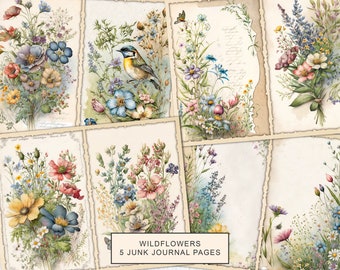 Acquerello Wildflowers Junk Journal Pagina stampabile, Wildflowers Junk Journal Kit, Junk Journal Paper Digital Collage Sheet, Download istantaneo