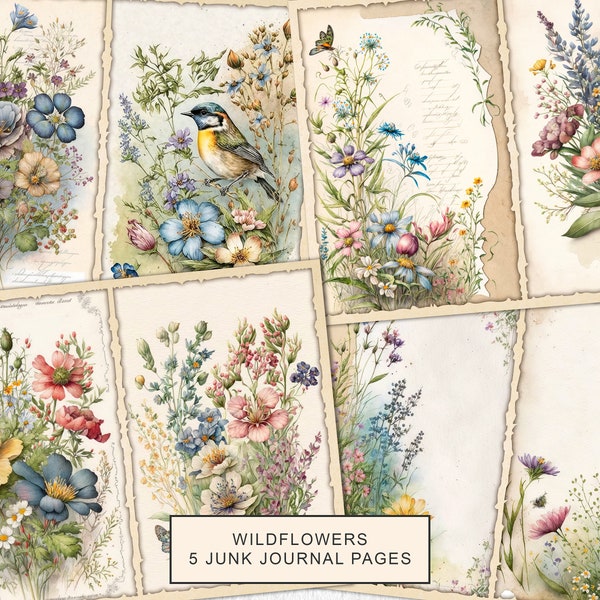 Watercolor Wildflowers Junk Journal Printable Page, Wildflowers Junk Journal Kit, Junk Journal Paper Digital Collage Sheet, Instant Download
