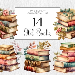 Watercolor Old Books with Flowers Clipart, Vintage Stack of Books png clipart, Books Clipart for card making, Instant Download