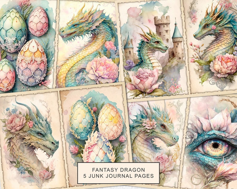 Fantasy Dragon Junk Journal Kit, Magical Dragon Junk Journal Pages, Dragon Printable scrapbooking paper