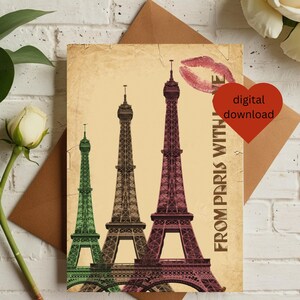 Tarjeta de felicitación desde París con amor, tarjeta imprimible con beso de la Torre Eiffel, tarjeta de felicitación en blanco tamaño A4 (5x7), descarga digital.