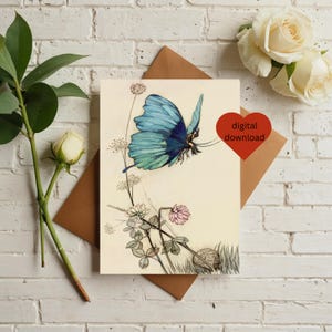 Cartão de aniversário de borboleta para impressão, cartão de felicitações em branco A4 com letras dos EUA, 5x7, cartão de felicitações com jardim de flores, DOWNLOAD DIGITAL