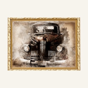 May include: A vintage car in a watercolour style, with a faded brown background and a gold frame. The car is black and has a chrome grille and headlights. The number plate reads "5NMU879".