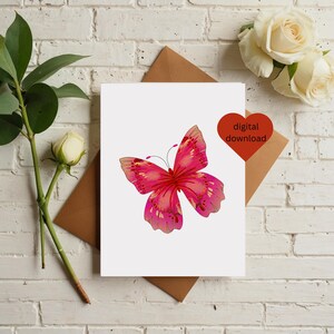 Cartão de felicitações borboleta rosa, cartão de aniversário minimalista para impressão, cartão de felicitações em branco A4 com letras dos EUA 5x7, download digital