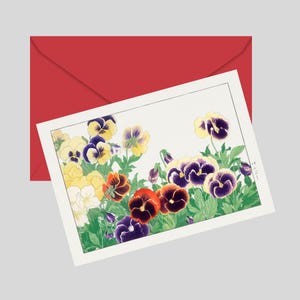 Cartão de felicitações com flores de amor-perfeito, cartão de aniversário botânico para impressão, cartão de felicitações em branco com letras A4 dos EUA, 7x5, DOWNLOAD DIGITAL