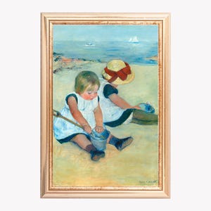 Pintura vintage de niños jugando en la playa, impresión digital, arte de pared vintage, arte de pared de playa imprimible, descarga instantánea, póster de pared para el hogar