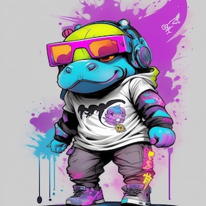 Hippo Doing Hip Hop Modern Art Print, INSTANT DOWNLOAD Wall Hanging, Printable Digital Wall Art Home Decor, Printable Bedroom Hippo Wall Art